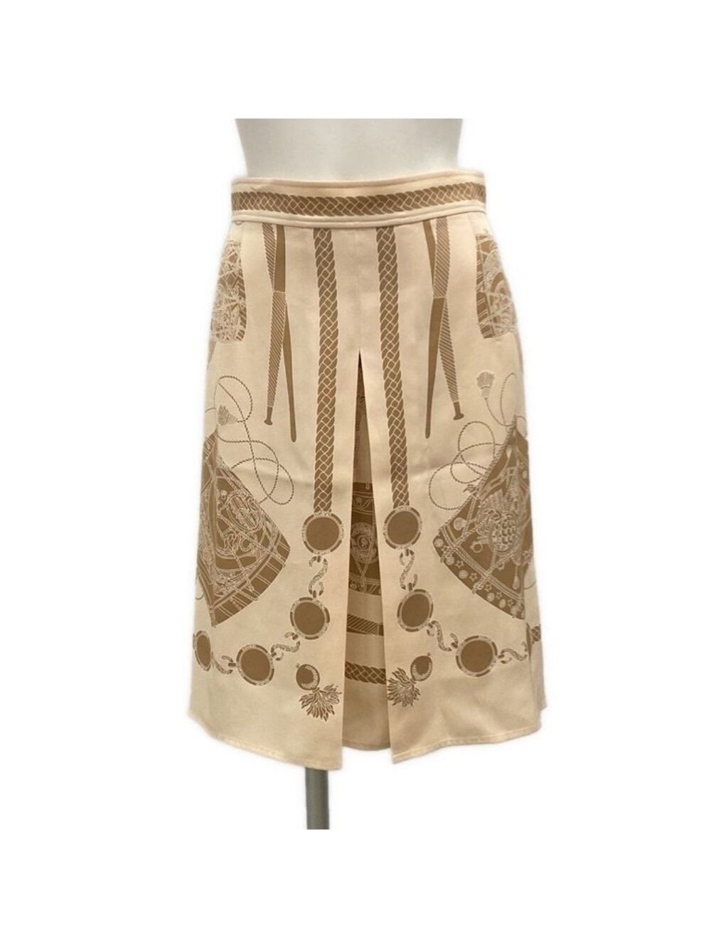 Hermes Skirt S Beige Brown White Knee Length Silk